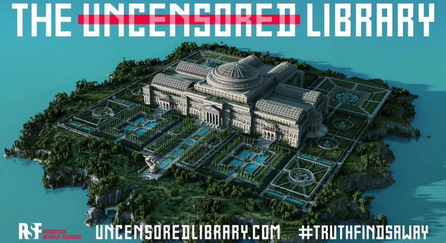 Poster der „Uncensored Library“ mit einem gewaltigen Kuppelbau bei Minecraft