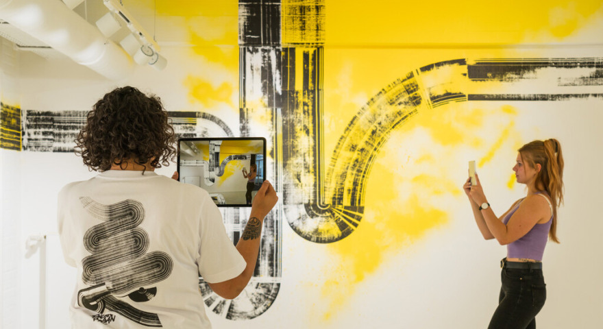 Menschen, die sich ein AR Kunstwerk auf Tablets anschauen - Jazzunique Showroom