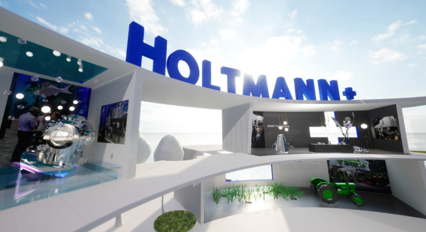 Ein virtuelles, offenes Gebäude auf zwei Ebenen - virtuelles Markenerlebnis bzw. Showroom der Agentur Holtmann+
